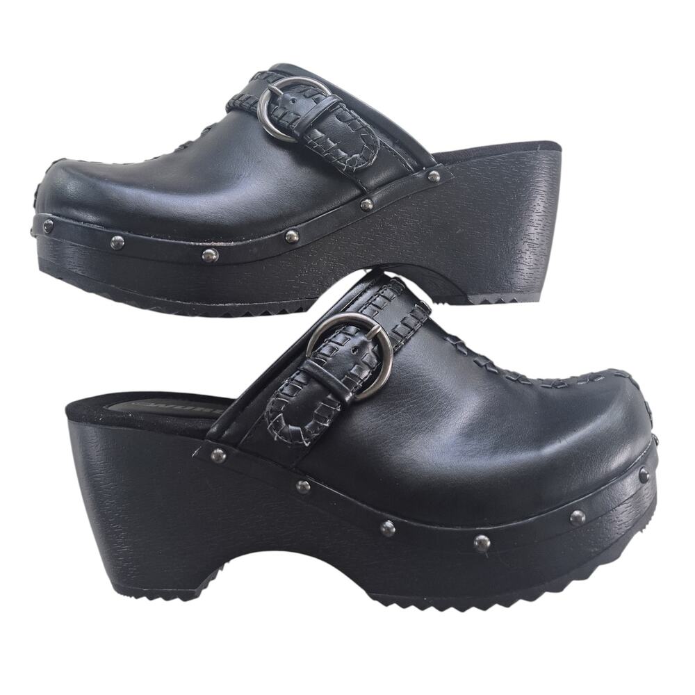 Wurl Clogs Womens 9 M Black Leather Comfort Shoe Slip Ons Mule Platform Stud